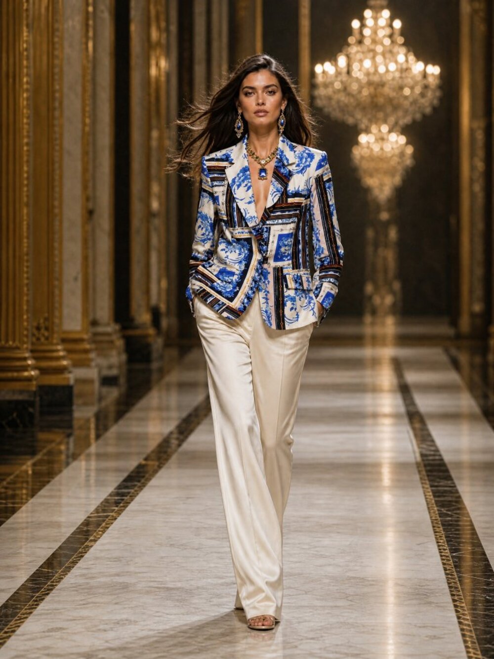 Boston Proper Blue & White Porcelain Floral Blazer Gold Chain Accent Size 6 NEW - Picture 5 of 15